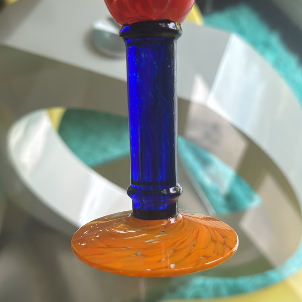 Set MURANO Style Art Glass Champagne Flutes Glasses Orange Cobalt Blue - Picture 8 of 10